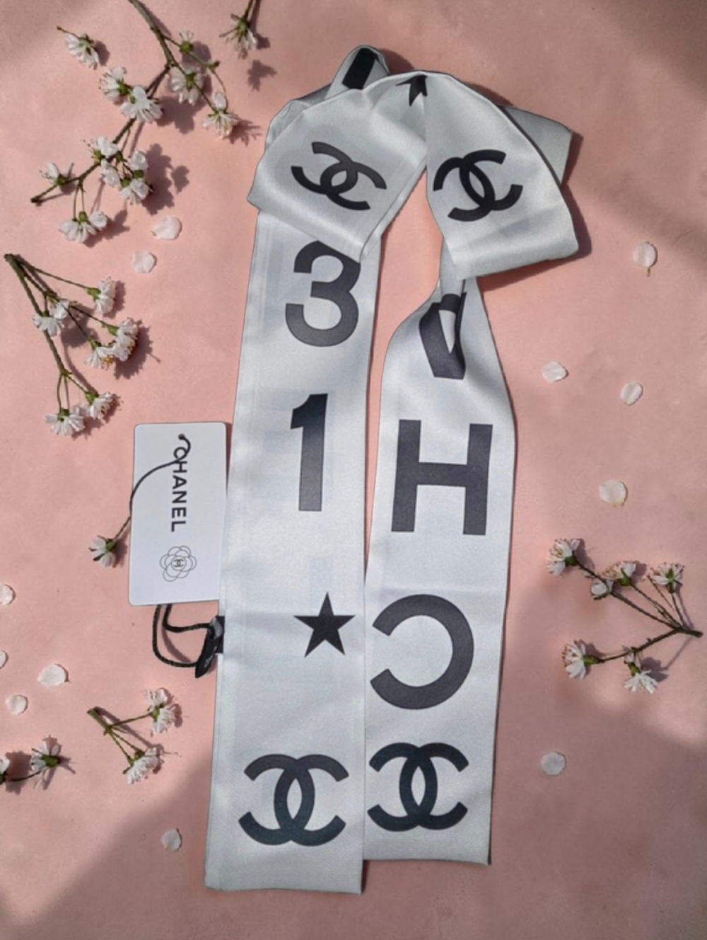 CHANEL White and Black Logo Silk Ribbon Scarf